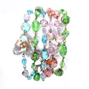 Vintage Carisa Murano Style Layered Beaded Bracelet Blue Green Pink Silver Tone